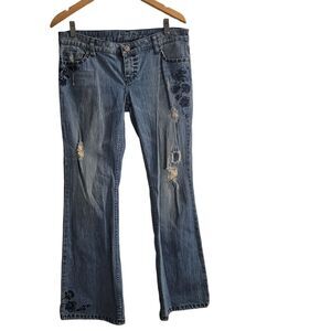 Vintage Y2K American Eagle Jeans Women's 8 Embroidered Wide Flare Leg Distressed